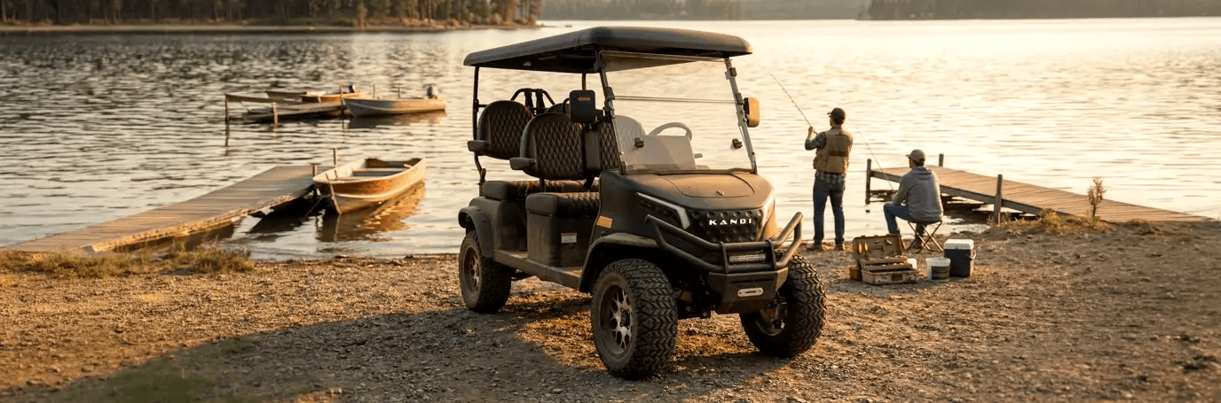 Kandi golf cart parked on a lakeshore at golden hour