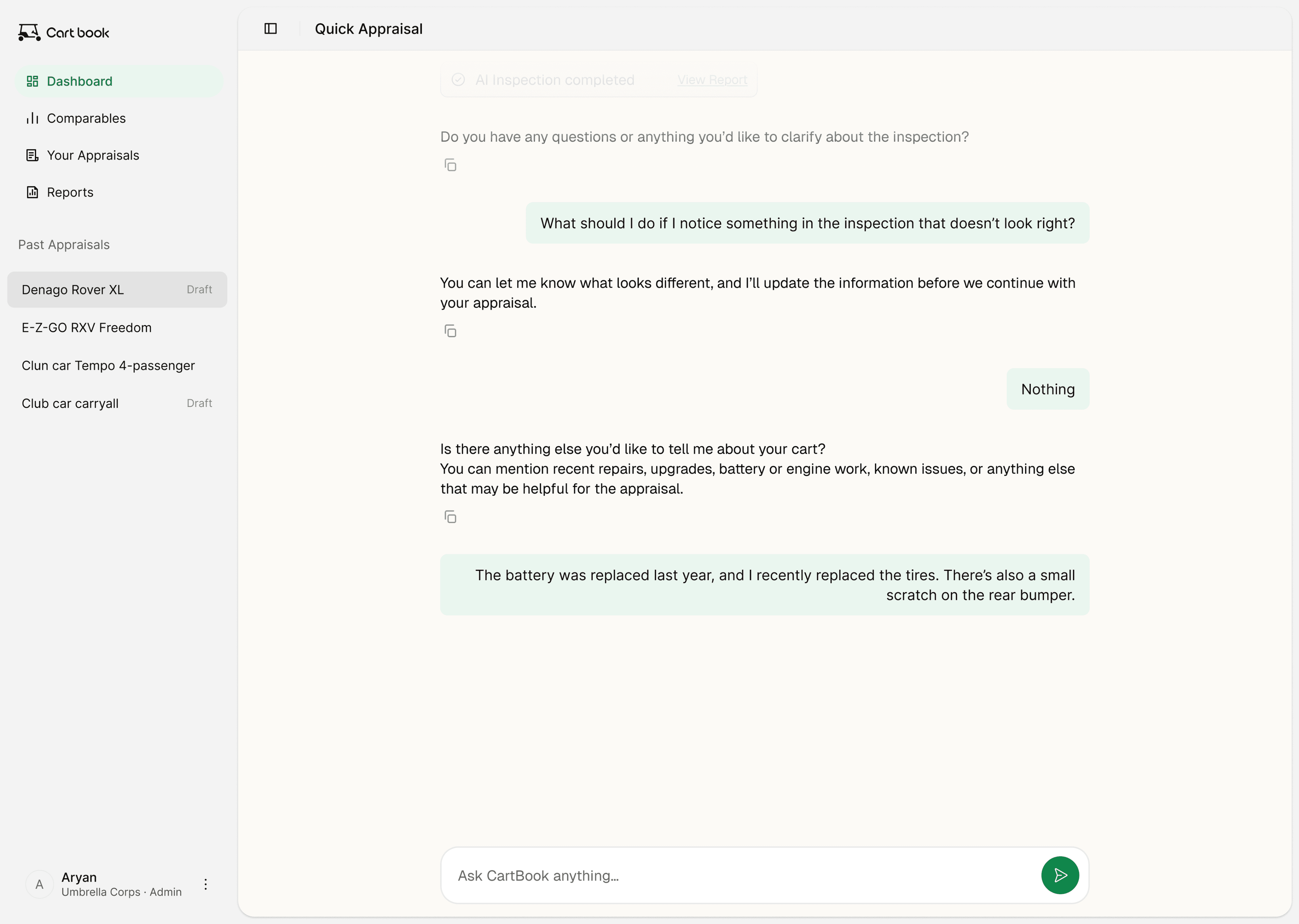 CartBook follow-up questions covering details photos cannot confirm