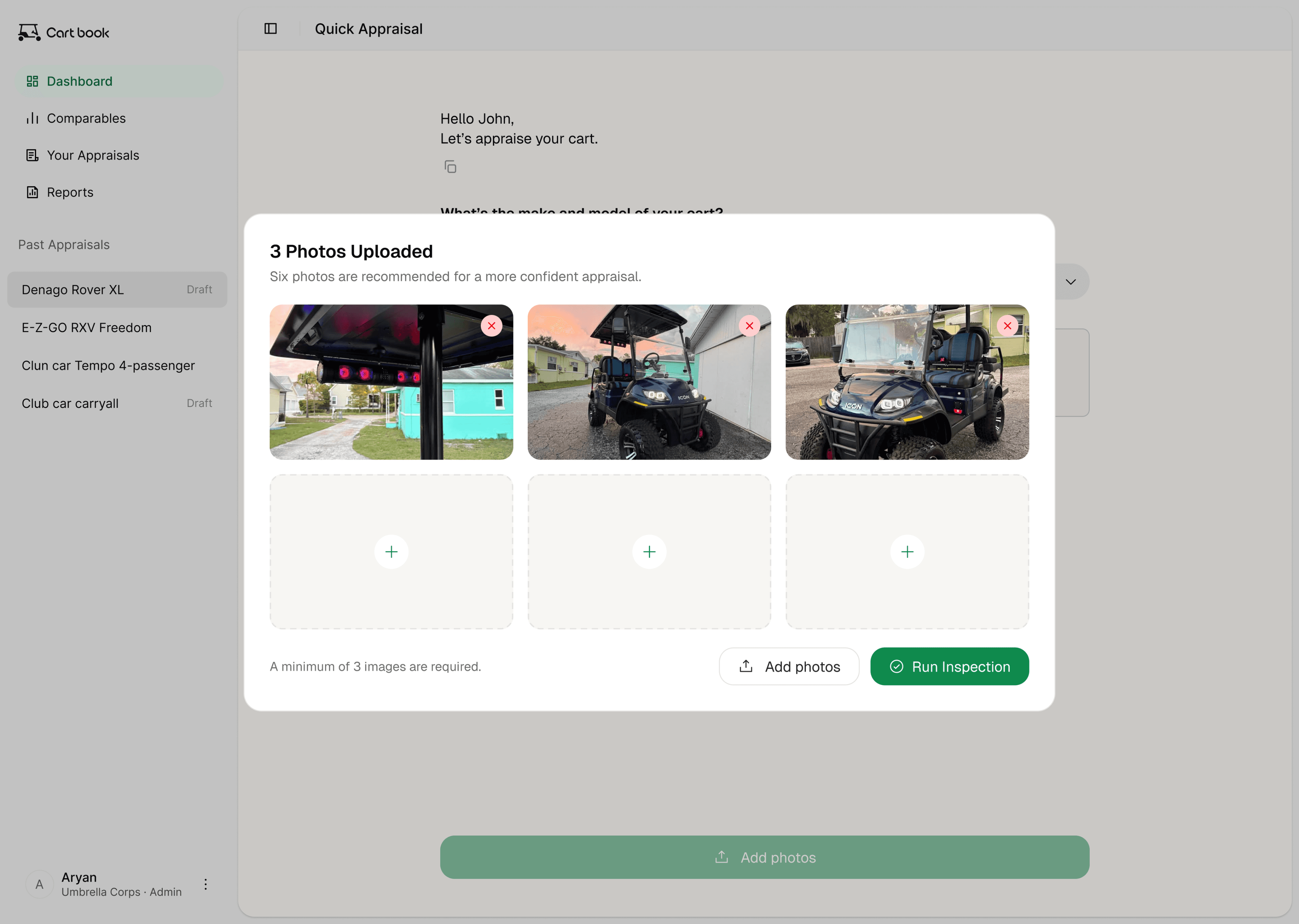 CartBook photo upload screen with vehicle images attached