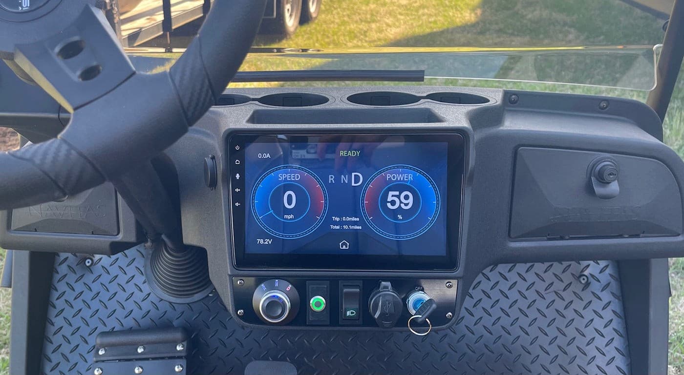 Navitas 10 inch CAN display fitted to a golf cart dashboard