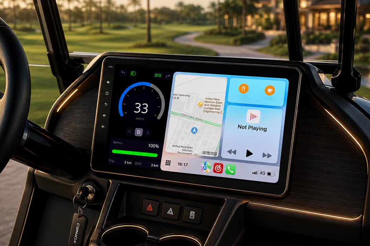 Integrated golf cart display showing speed, battery, and CarPlay navigation side by side